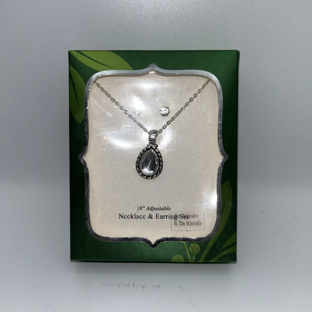 Pear Shaped Crystal Pendant 18" Adjustable Silver Necklace & Earring Set - NIB